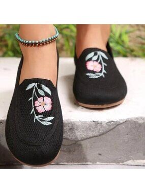 Retro Floral Embroidered Knit Slip-On Loafers Round Toe Shoes Ballet Flats